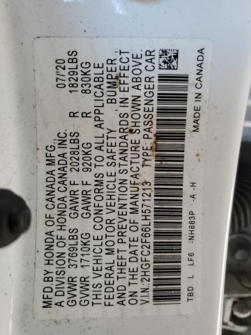 2HGFC2F66LH571213 - 2020 HONDA CIVIC LX Ақ фото 12