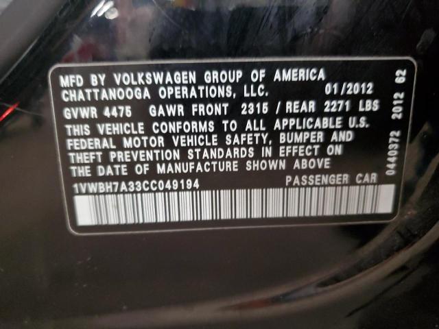 1VWBH7A33CC049194 - 2012 VOLKSWAGEN PASSAT SE შავი ფოტო 12