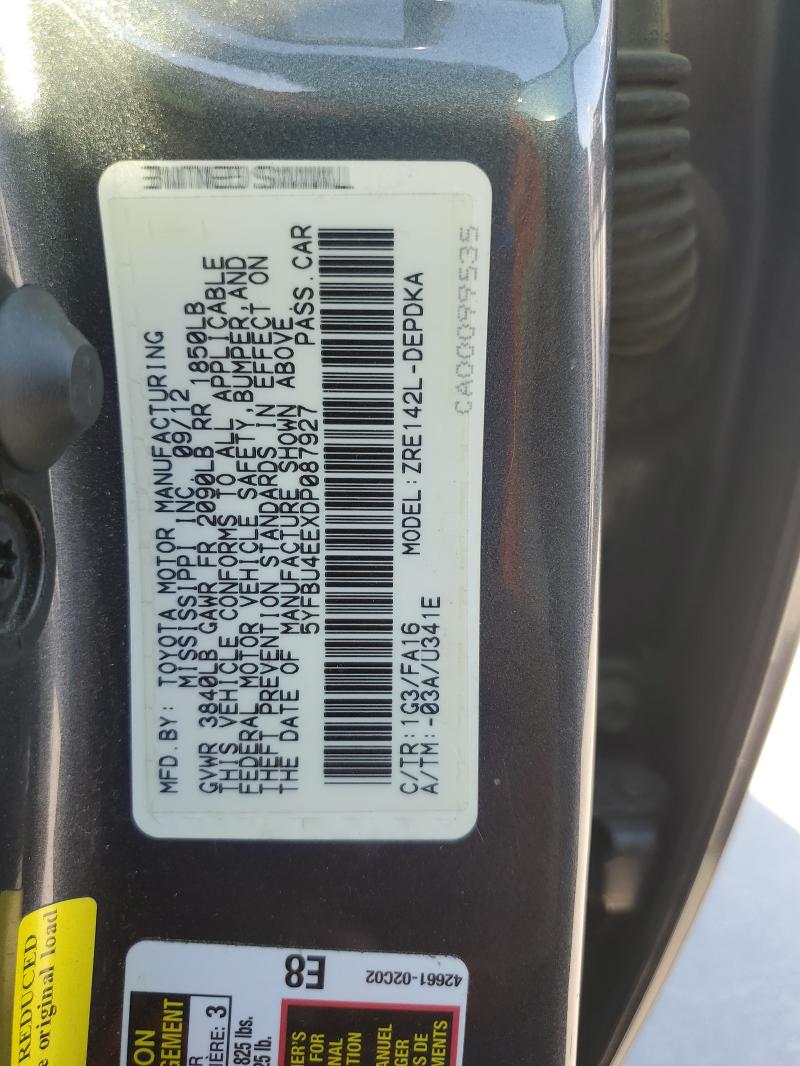 5YFBU4EEXDP087927 - 2013 TOYOTA COROLLA BASE Մոխրագույն լուսանկար 13