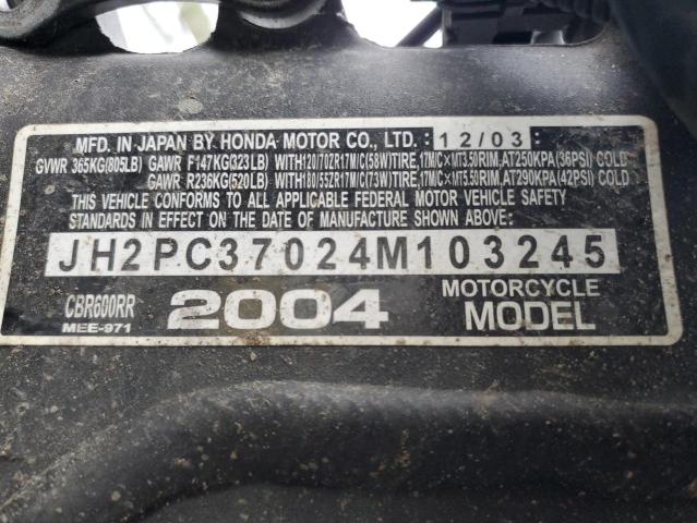 JH2PC37024M103245 - 2004 HONDA CBR600 RR BLACK photo 10