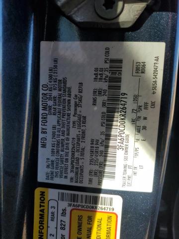 3FA6P0CD0KR264719 - 2019 FORD FUSION SEL BLUE photo 12