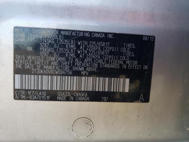 2T3DK4DVXCW084756 - 2012 TOYOTA RAV4 LIMITED Күміс фото 12