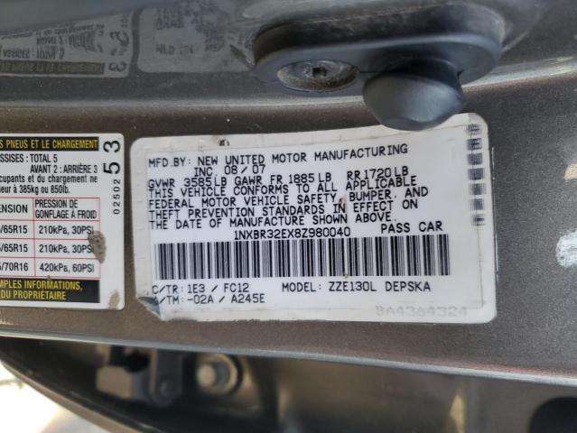 1NXBR32EX8Z980040 - 2008 TOYOTA COROLLA CE GRAY photo 12