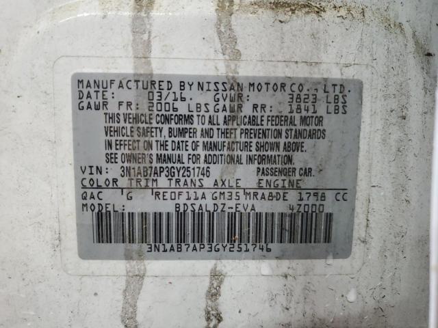 3N1AB7AP3GY251746 - 2016 NISSAN SENTRA S WHITE photo 12