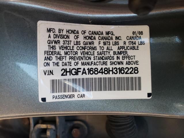 2HGFA16848H316228 - 2008 HONDA CIVIC EX GRAY photo 12