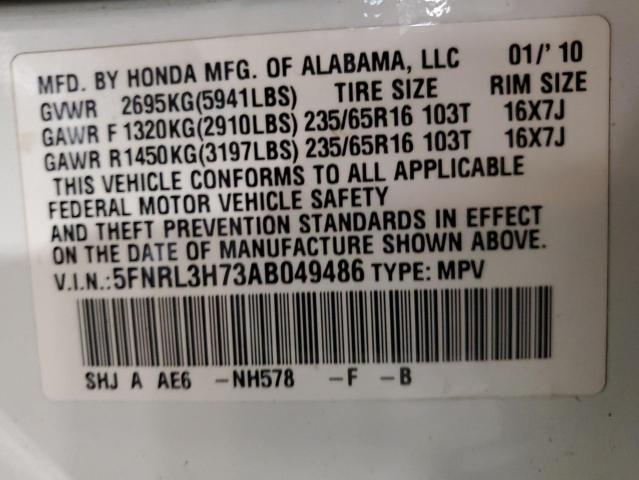 5FNRL3H73AB049486 - 2010 HONDA ODYSSEY EXL თეთრი ფოტო 13