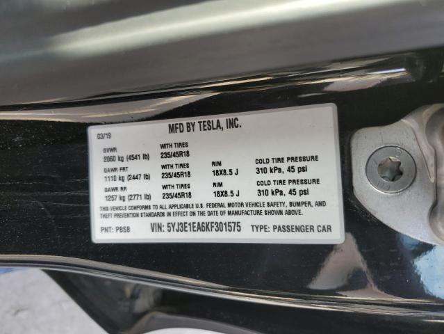5YJ3E1EA6KF301575 - 2019 TESLA MODEL 3 Siyah fotoğraf 12