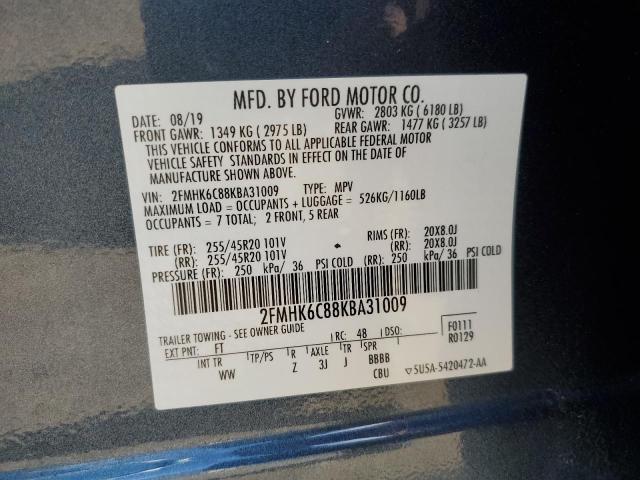 2FMHK6C88KBA31009 - 2019 FORD FLEX SEL Azul foto 13
