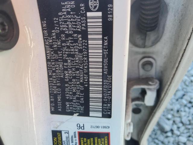 4T4BF1FK5CR197722 - 2012 TOYOTA CAMRY BASE Белый фото 12