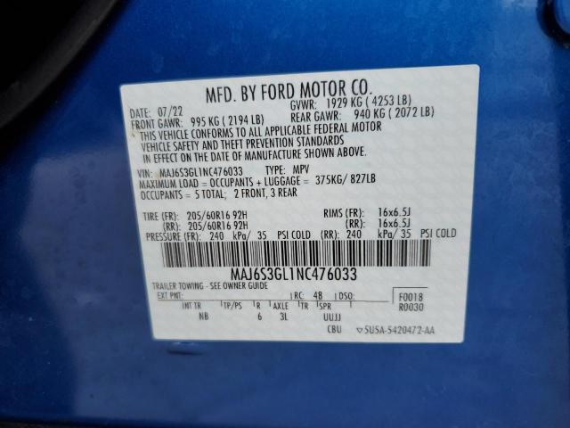 MAJ6S3GL1NC476033 - 2022 FORD ECOSPORT SE ლურჯი ფოტო 13