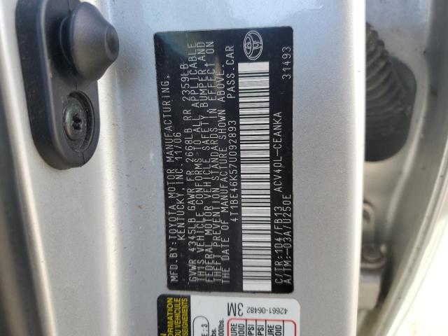 4T1BE46K57U092893 - 2007 TOYOTA CAMRY CE ვერცხლისფერი ფოტო 12