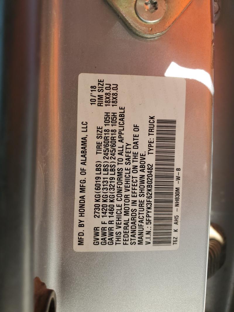 5FPYK3F62KB020482 - 2019 HONDA RIDGELINE RTL Plata foto 13