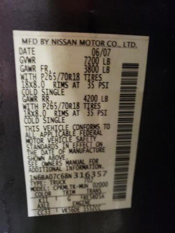 1N6BA07C68N316357 - 2008 NISSAN TITAN XE GRAY photo 13