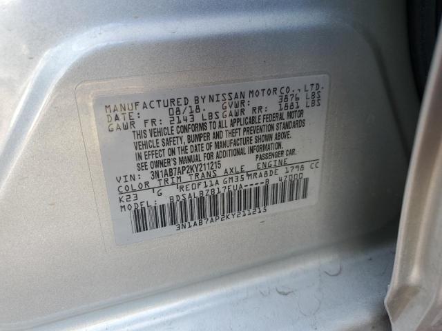 3N1AB7AP2KY211215 - 2019 NISSAN SENTRA S ვერცხლისფერი ფოტო 12