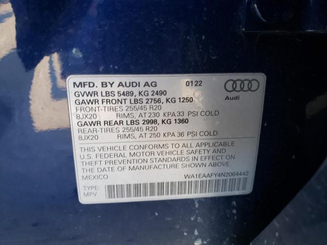 WA1EAAFY4N2064442 - 2022 AUDI Q5 PREMIUM PLUS 45 BLUE photo 12