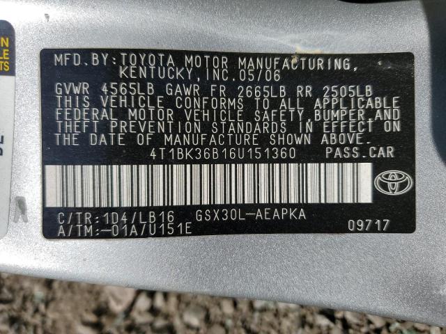 4T1BK36B16U151360 - 2006 TOYOTA AVALON XL SILVER photo 12