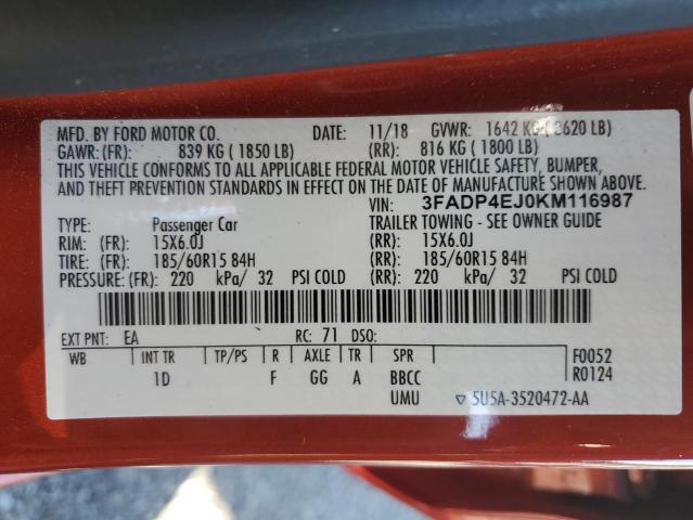 3FADP4EJ0KM116987 - 2019 FORD FIESTA SE RED photo 13