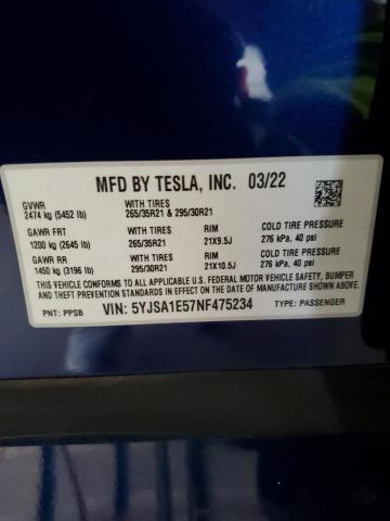 5YJSA1E57NF475234 - 2022 TESLA MODEL S BLUE photo 13