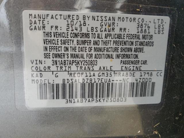 3N1AB7AP5KY250803 - 2019 NISSAN SENTRA S ნაცრისფერი ფოტო 12