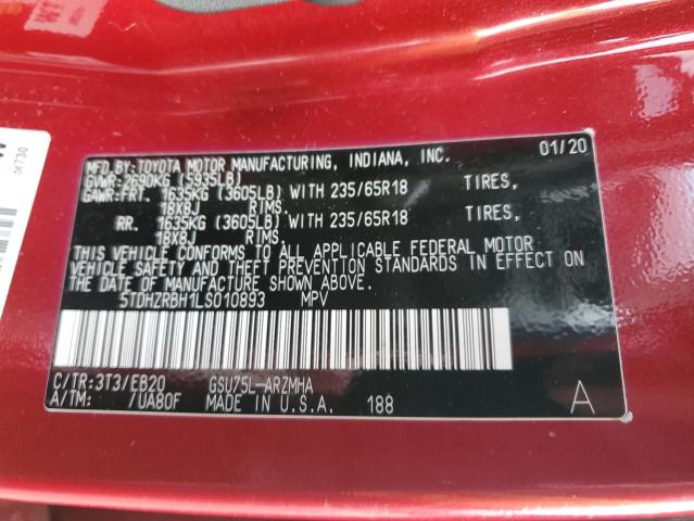 5TDHZRBH1LS010893 - 2020 TOYOTA HIGHLANDER XLE Қызыл фото 13