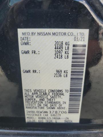 1N4BL4EW5MN378706 - 2021 NISSAN ALTIMA SL 黑色 照片 12