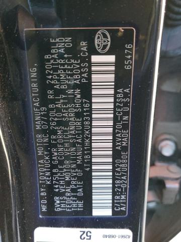 4T1B11HK2KU831167 - 2019 TOYOTA CAMRY L BLACK photo 12