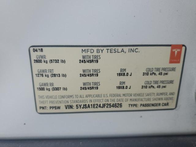5YJSA1E24JF254626 - 2018 TESLA MODEL S თეთრი ფოტო 12