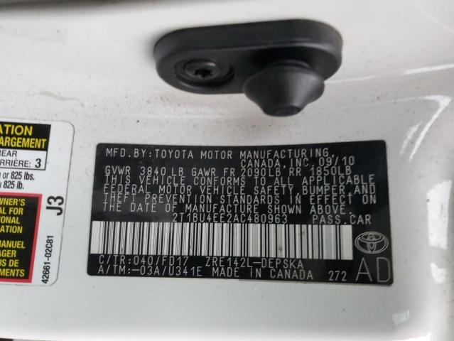 2T1BU4EE2AC480963 - 2010 TOYOTA COROLLA BASE WHITE photo 12