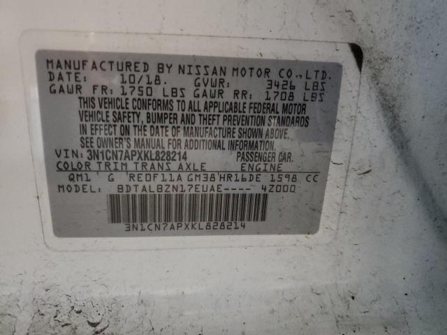 3N1CN7APXKL828214 - 2019 NISSAN VERSA S WHITE photo 12