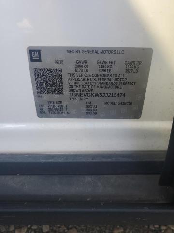 1GNEVGKW5JJ215474 - 2018 CHEVROLET TRAVERSE LT 白色 照片 13