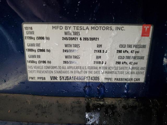 5YJSA1E48GF174305 - 2016 TESLA MODEL S BLUE photo 13