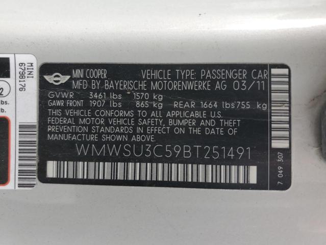WMWSU3C59BT251491 - 2011 MINI COOPER SILVER photo 12