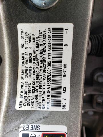 1HGFA16587L061395 - 2007 HONDA CIVIC LX SILVER photo 12