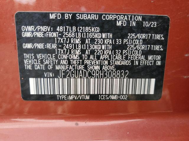 JF2GUADC9RH308832 - 2024 SUBARU CROSSTREK PREMIUM Қызғылт сары фото 12