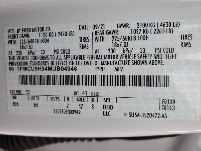 1FMCU9H94MUB04946 - 2021 FORD ESCAPE SEL WHITE photo 13