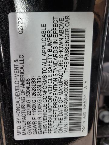 19UUB6F49NA000980 - 2022 ACURA TLX TECHNOLOGY შავი ფოტო 13