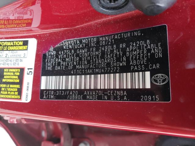 4T1C11AK1MU477272 - 2021 TOYOTA CAMRY LE RED photo 12