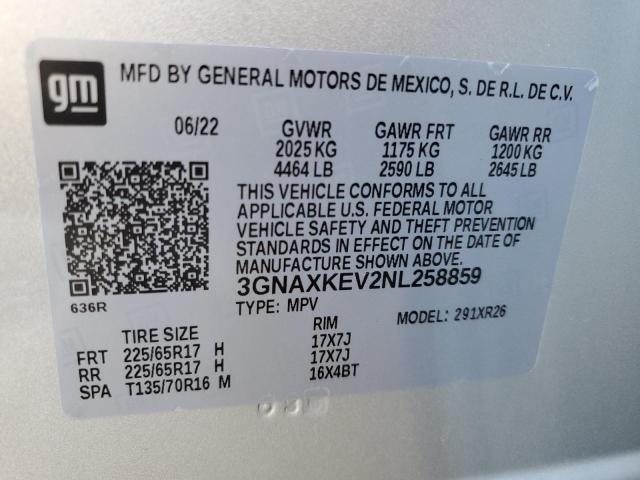 3GNAXKEV2NL258859 - 2022 CHEVROLET EQUINOX LT SILVER photo 13