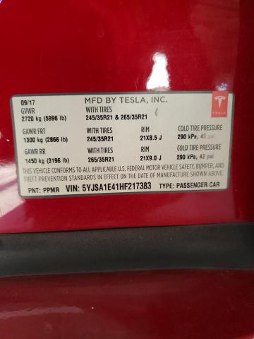 5YJSA1E41HF217383 - 2017 TESLA MODEL S RED photo 12