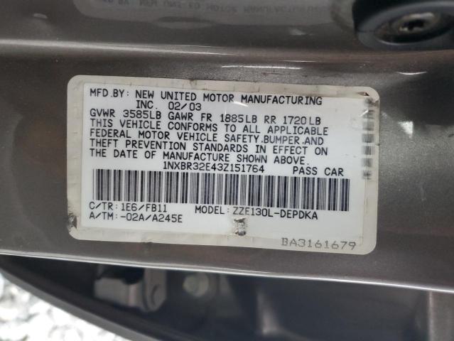 1NXBR32E43Z151764 - 2003 TOYOTA COROLLA CE 灰色 照片 12