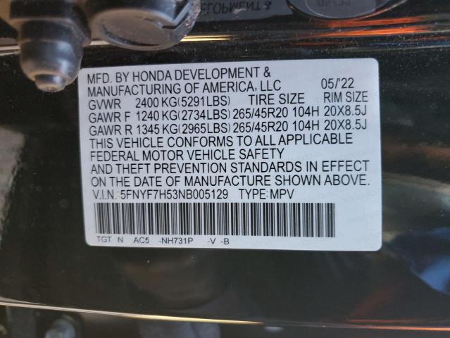5FNYF7H53NB005129 - 2022 HONDA PASSPORT EXL Boz foto 12