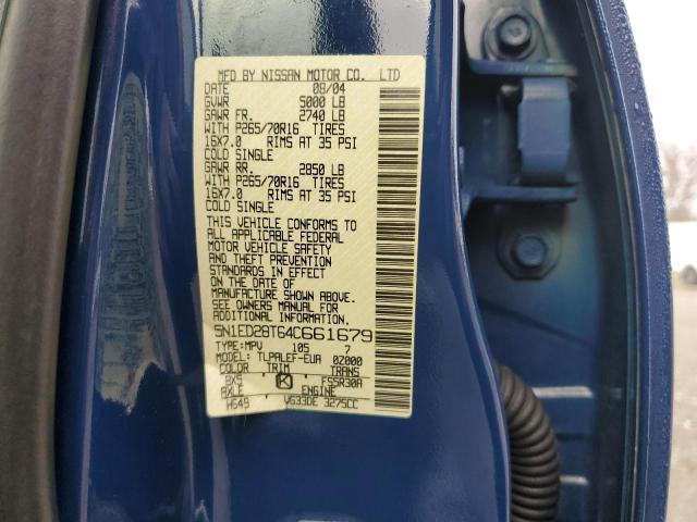 5N1ED28T64C661679 - 2004 NISSAN XTERRA XE BLUE photo 12