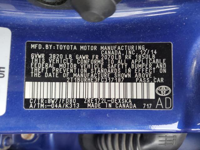 2T1BURHE3FC317187 - 2015 TOYOTA COROLLA L BLUE photo 12