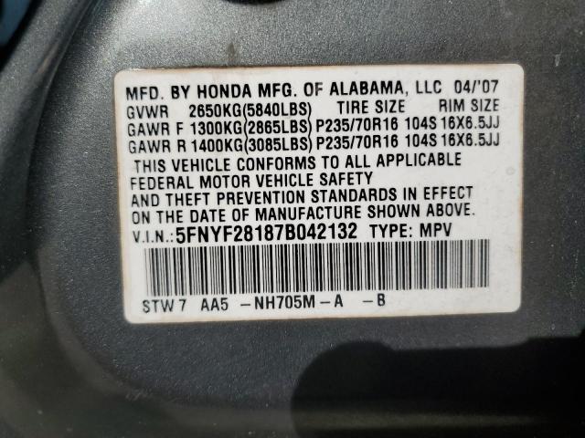 5FNYF28187B042132 - 2007 HONDA PILOT LX GRAY photo 13