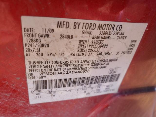 2FMDK3AC2ABA60976 - 2010 FORD EDGE SPORT RED photo 13