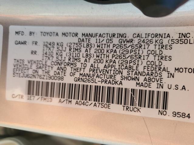 5TEJU62N76Z190098 - 2006 TOYOTA TACOMA DOUBLE CAB PRERUNNER SILVER photo 12