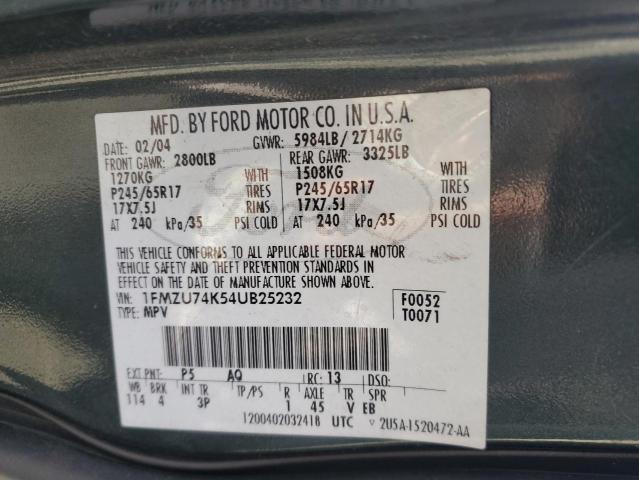 1FMZU74K54UB25232 - 2004 FORD EXPLORER EDDIE BAUER GREEN photo 12