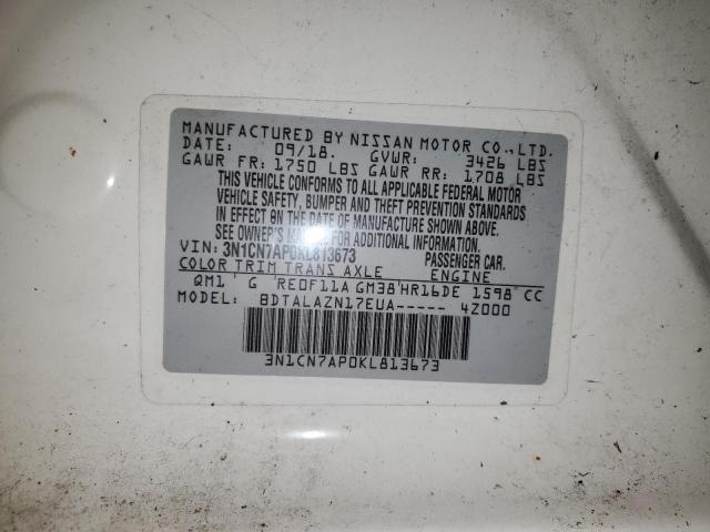 3N1CN7AP0KL813673 - 2019 NISSAN VERSA S WHITE photo 12