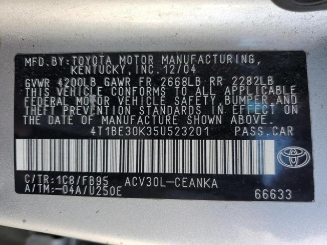 4T1BE30K35U523201 - 2005 TOYOTA CAMRY LE SILVER photo 12