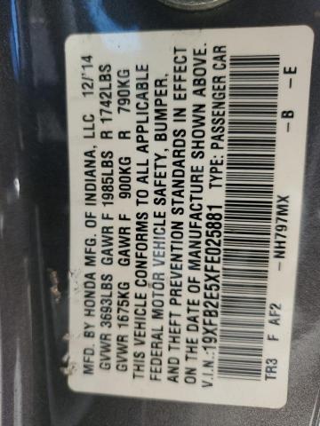 19XFB2E5XFE025881 - 2015 HONDA CIVIC LX GRAY photo 12